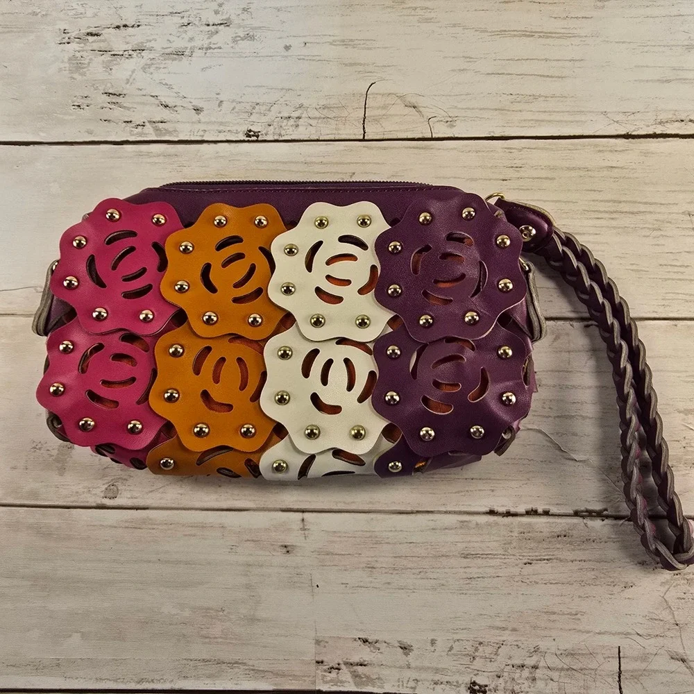 Multi Color Floral Laser Cut Rose Studded‎ Wristlet Crossbody Bag Purple Pink